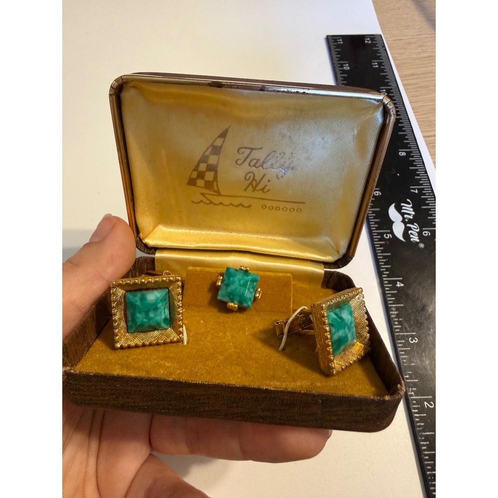 Vintage Tally Hi Cufflink and Tie Tack Set Green Marbled Gold Tone Square Boxed